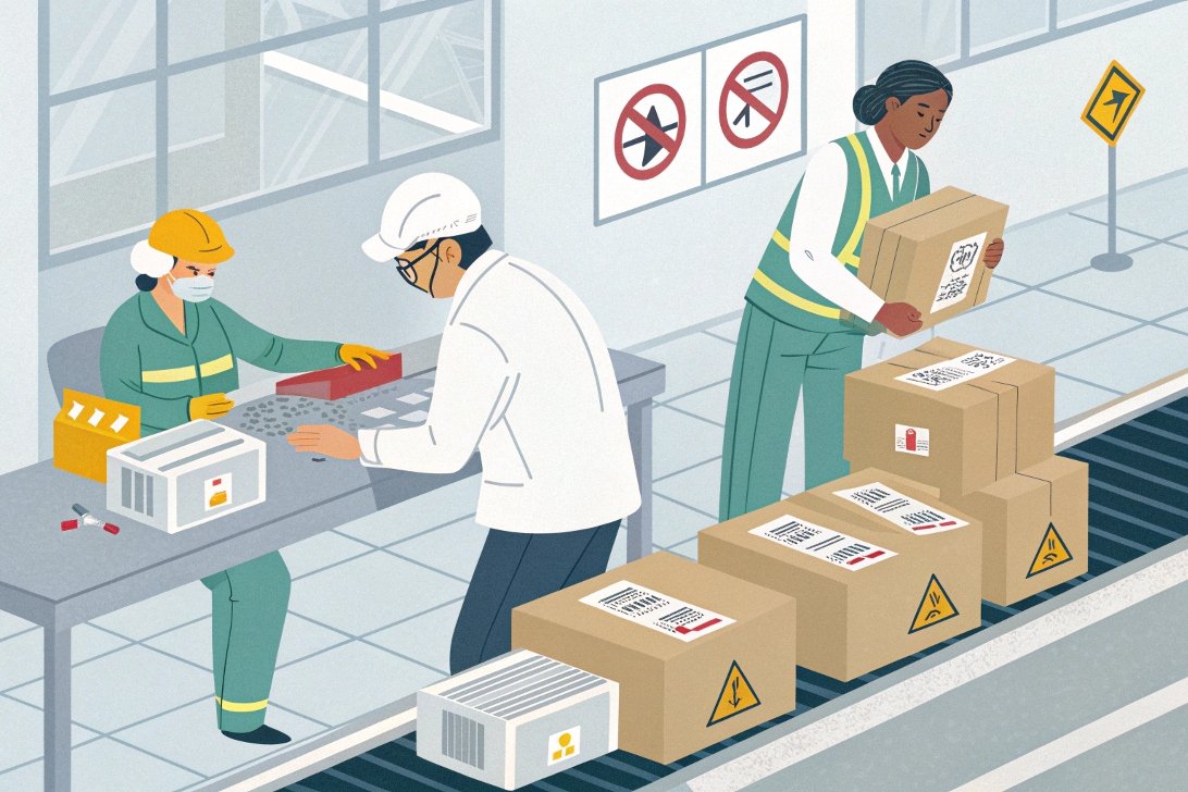 illustration of workers packing items, safety signs