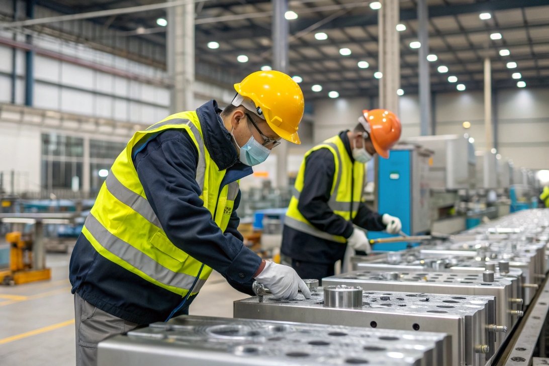 workers assembling parts, factory setting