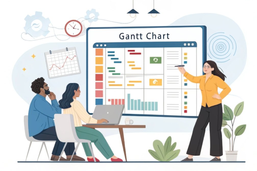 Gantt chart, project planning, teamwork, project management Team discussing Gantt chart project planning
