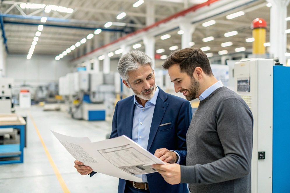 work collaboration, factory plans discussion