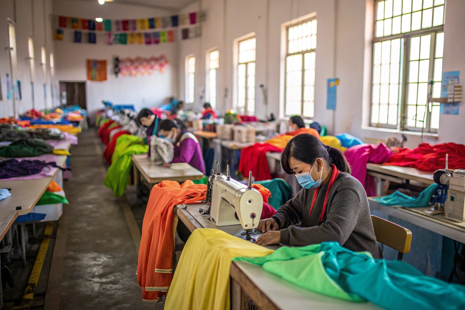 sewing clothing in factory, workers sewing colorful clothes in textile factory