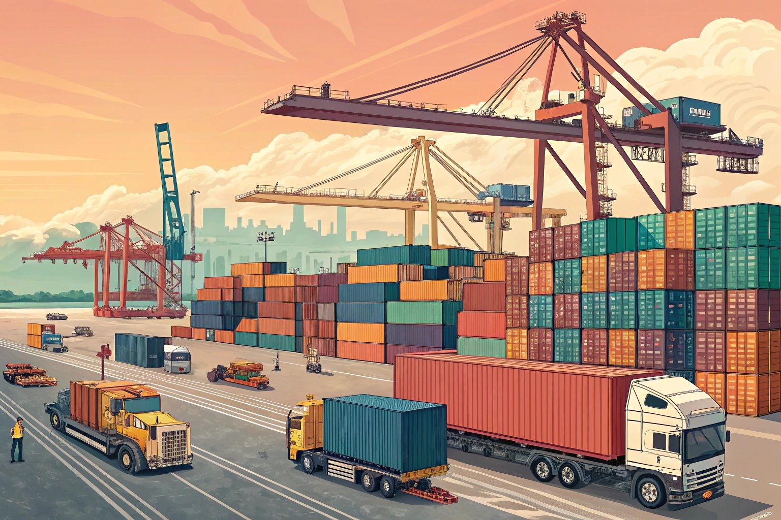 container loading and unloading in port, busy industrial port with cargo