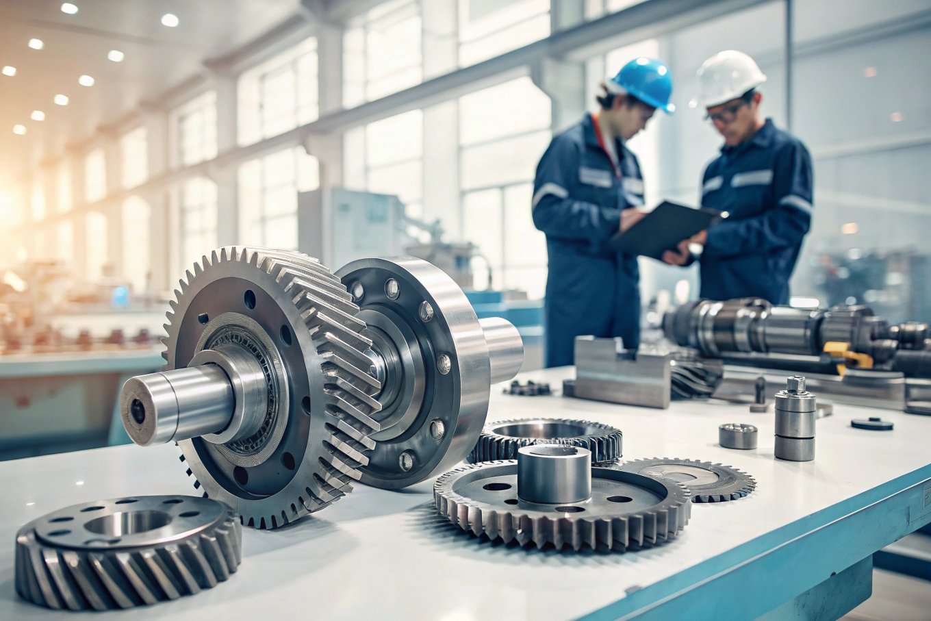Gears and engineers working in a factory
