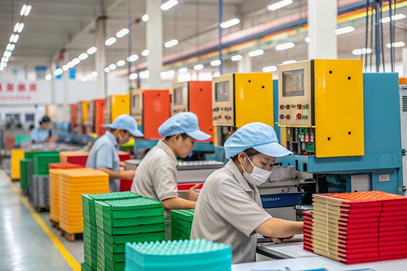 workers operating machinery in a factory