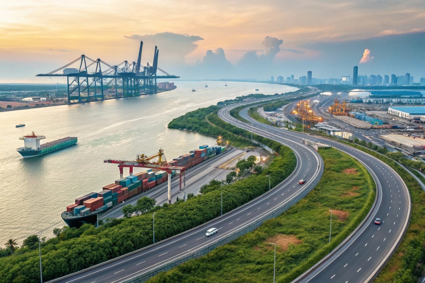 industrial port with containers and cranes