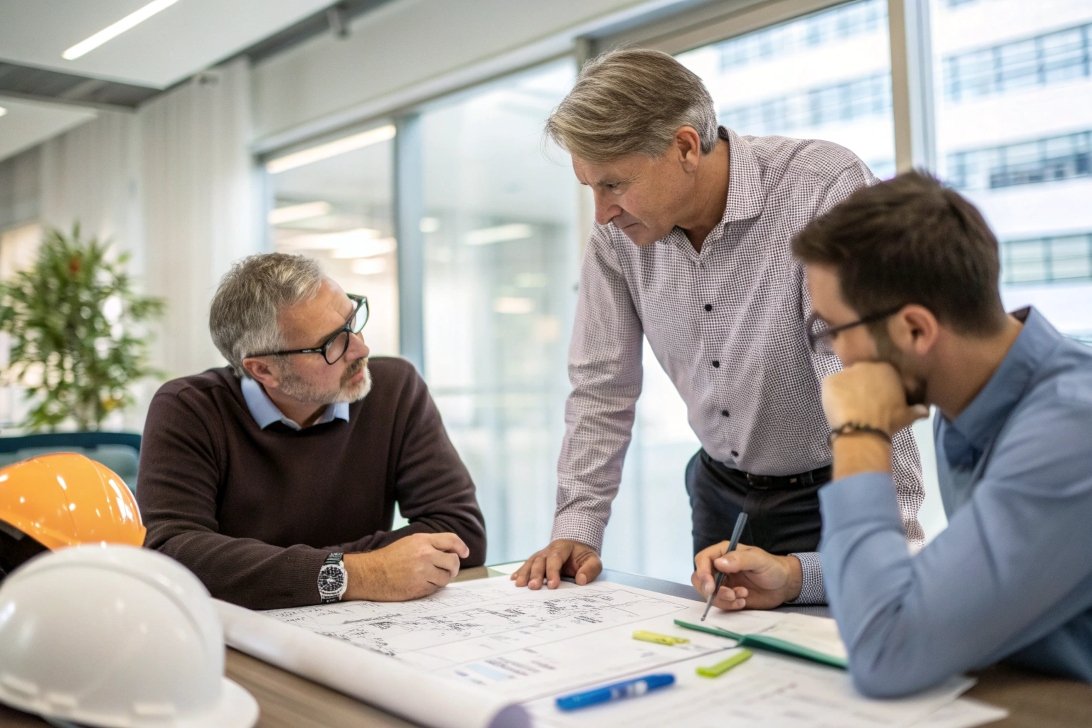 team meeting, engineering plans team discussing blueprints, office collaboration