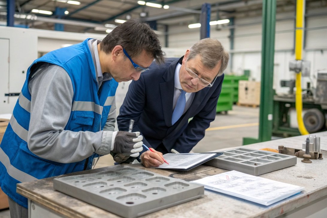 mold inspection, worker collaboration supervisor and worker inspecting molds, checklist