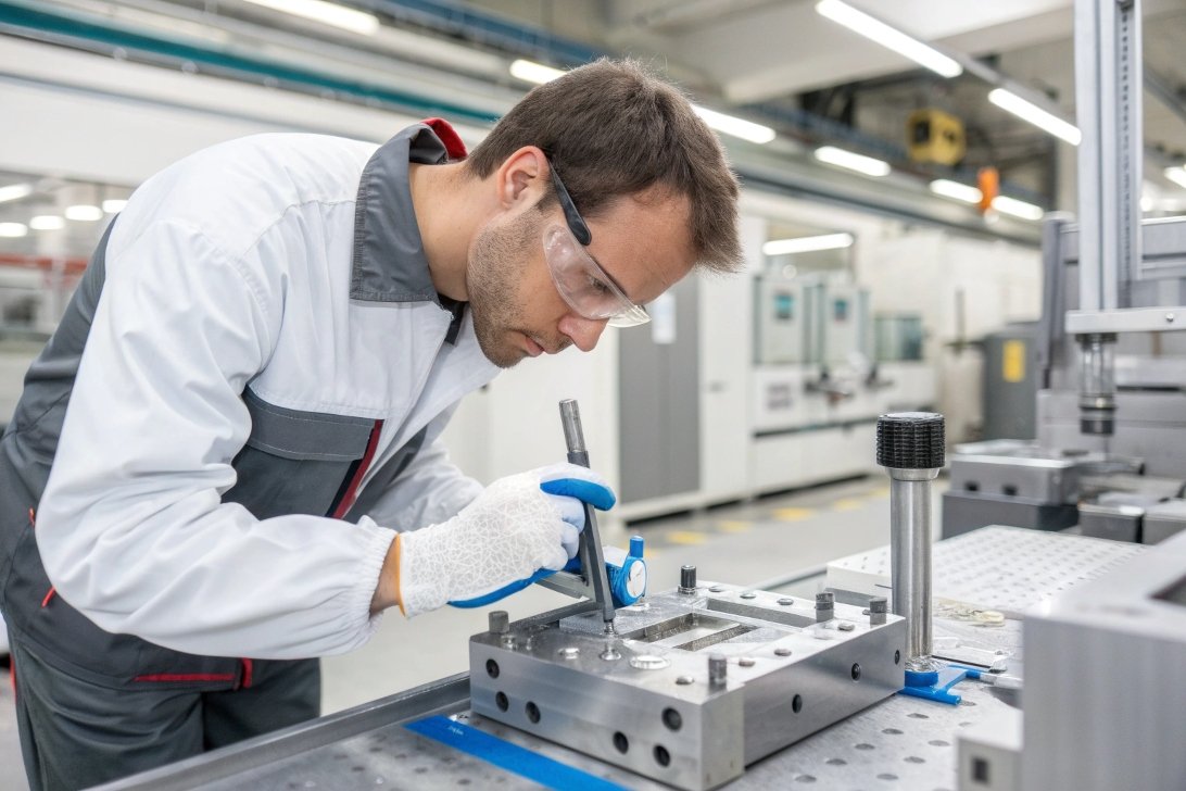 mold inspection, precision work worker measuring mold part, precision work