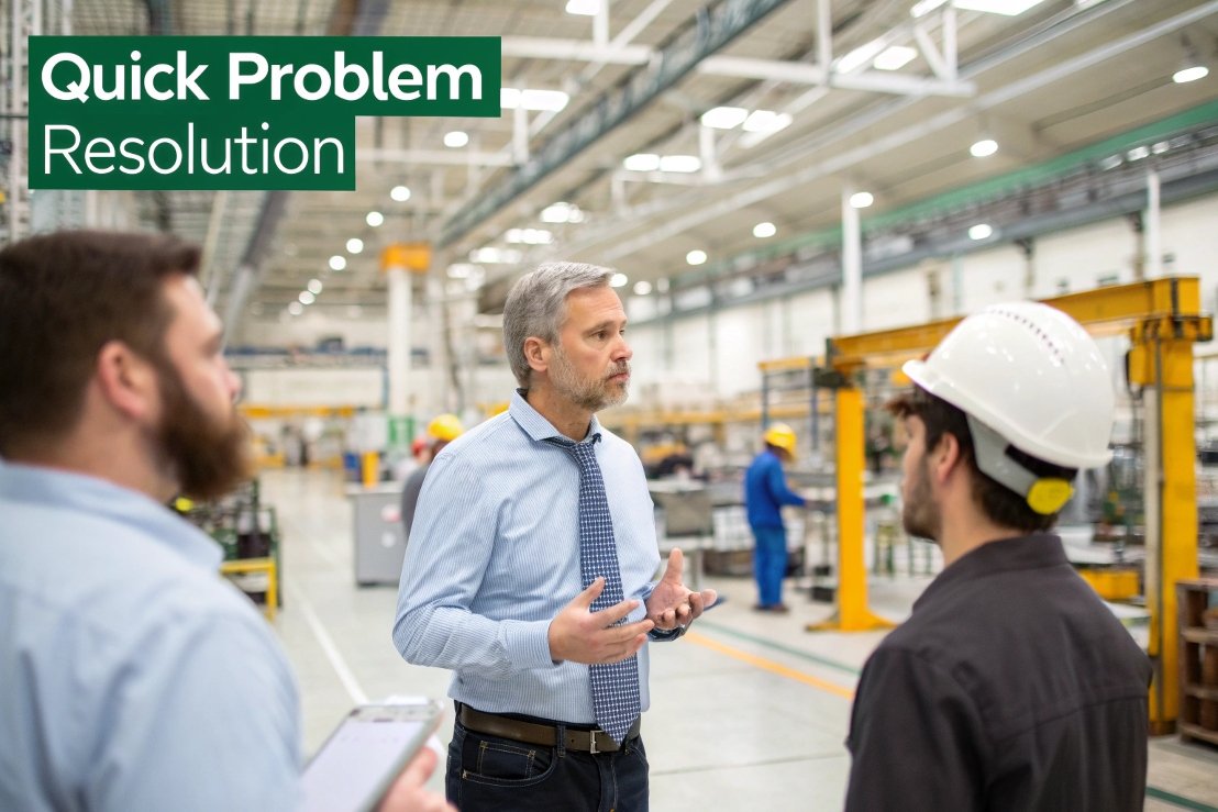 problem resolution, factory management manager discussing issues, factory floor