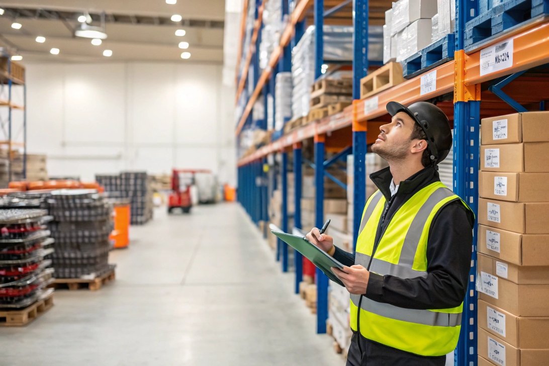 warehouse inventory check, manager inspecting stock