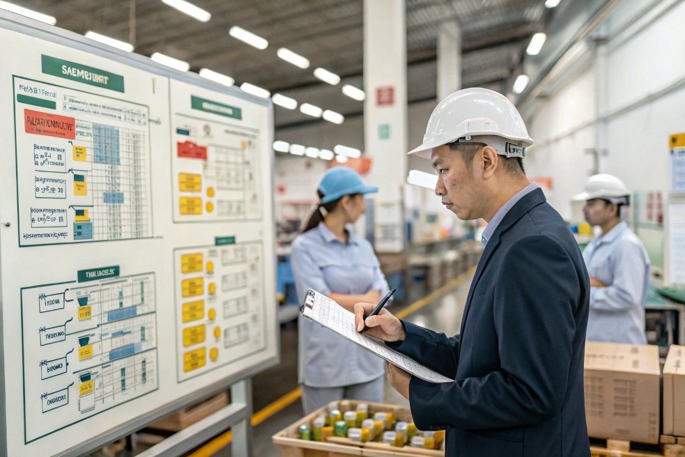 inspection, production line Factory worker inspecting production line