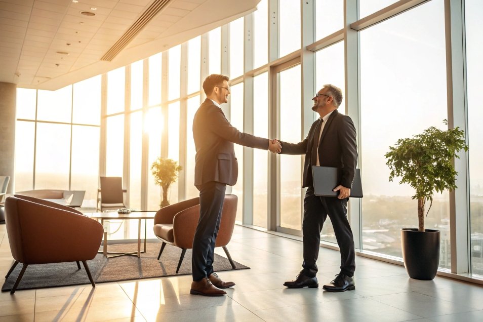 business handshake businessmen shaking hands in modern office