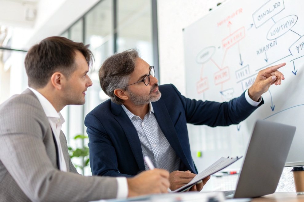 business partners discussing flow chart, explaining details
