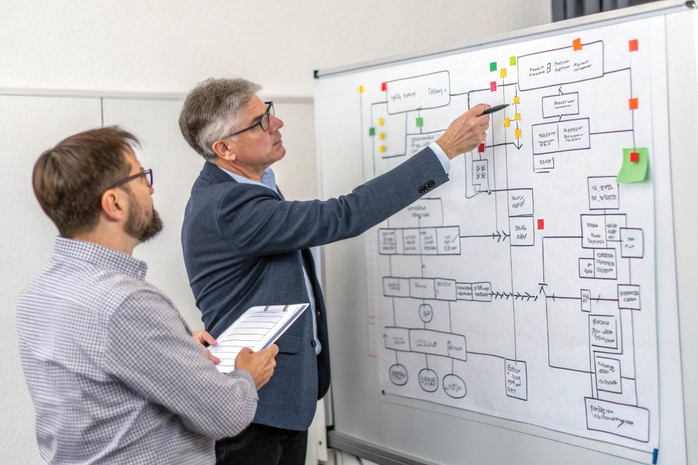 workflow analysis, team discussing process flowchart