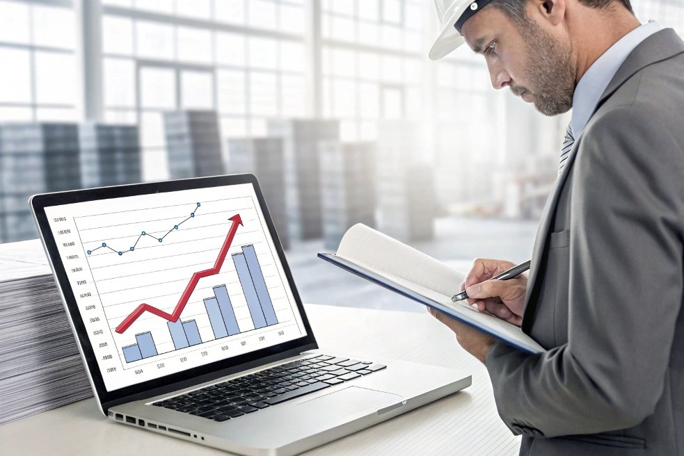 usiness professional analyzing market trends with laptop and notebook in industrial setting