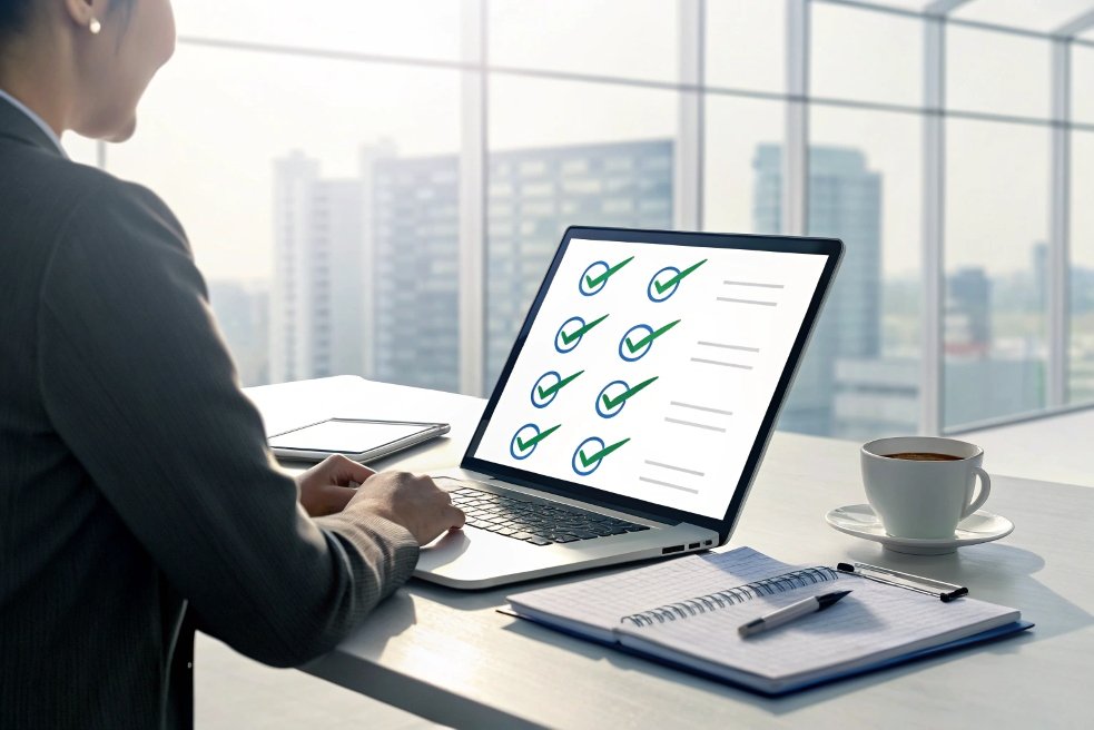 Businesswoman reviewing supplier checklist on laptop