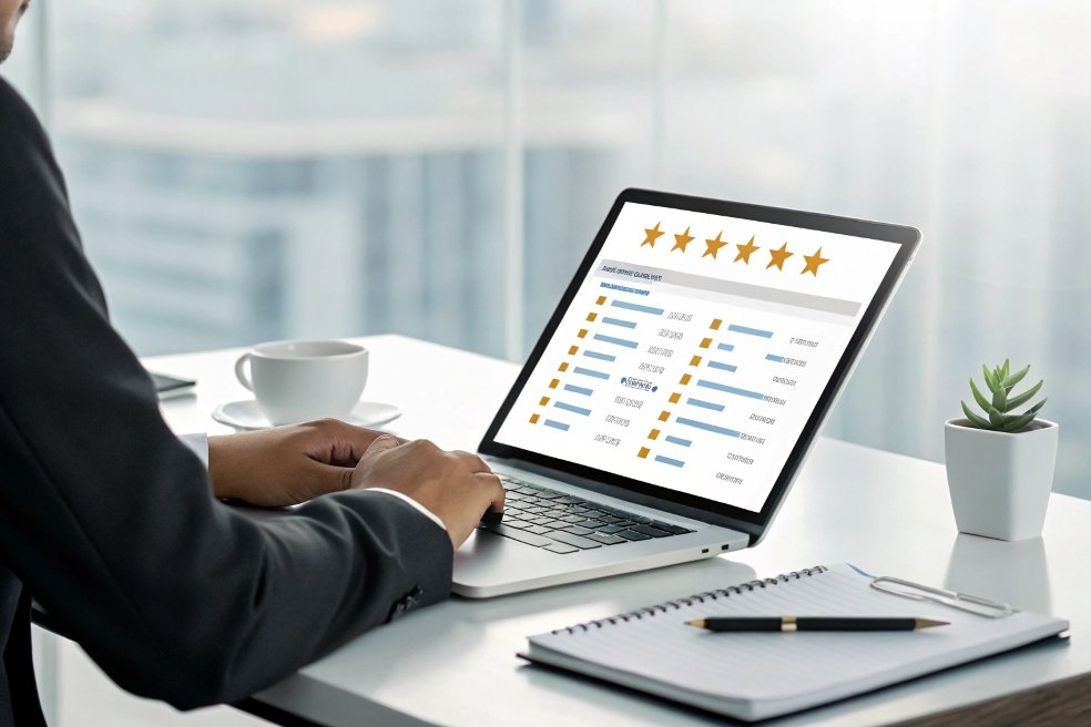 Procurement professional assessing supplier ratings on laptop
