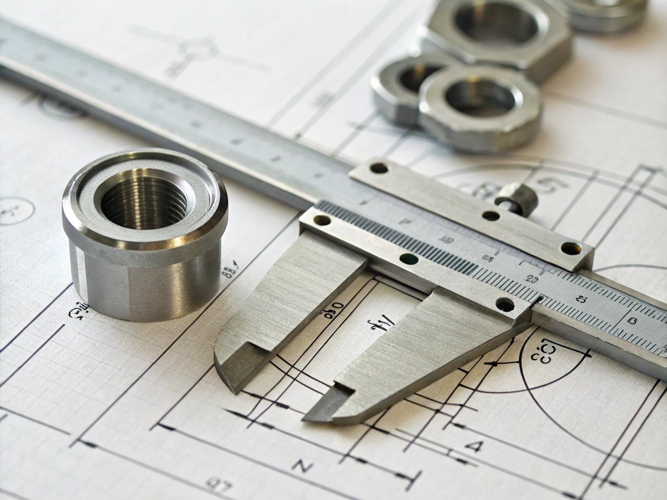 Precision caliper measuring custom metal part on blueprint