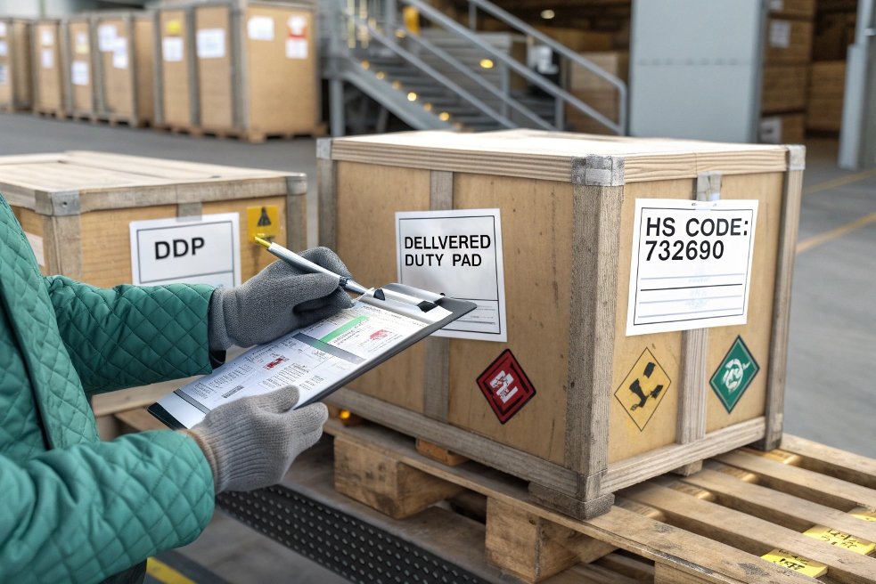 Wooden export crates with HS code and DDP labels