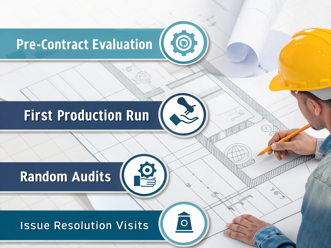Engineer reviewing factory blueprint for quality control inspections