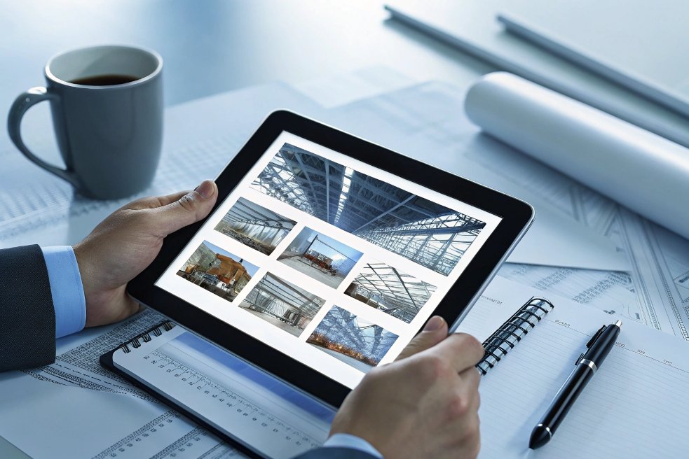 Engineer browsing steel structure designs on tablet