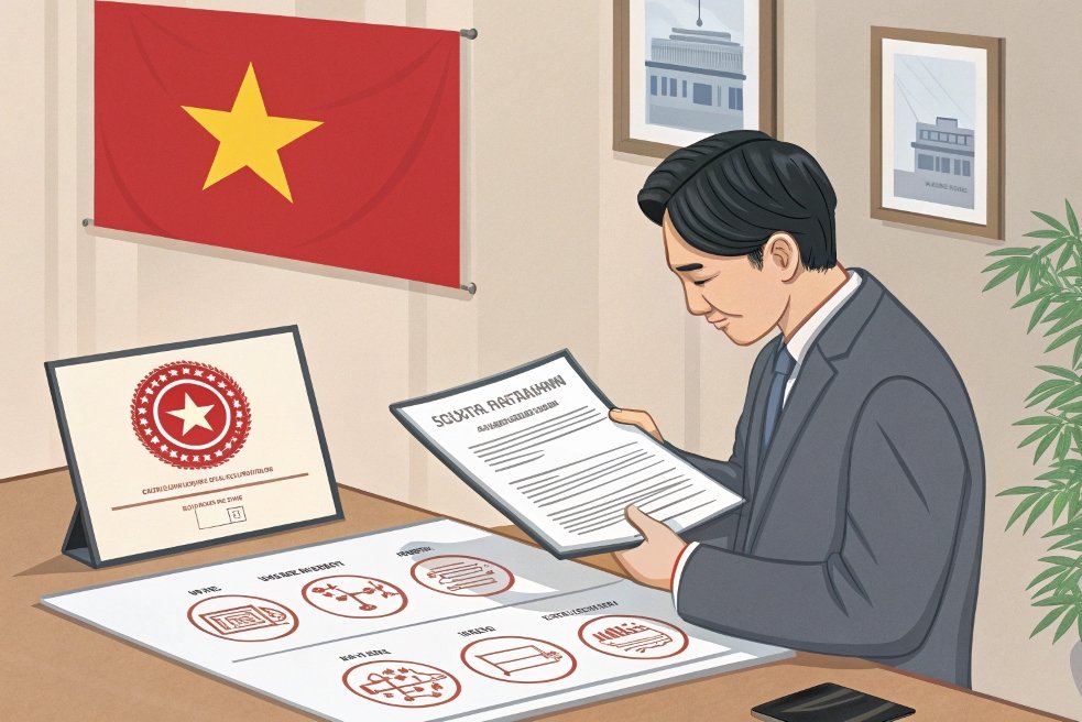 Illustration of Vietnamese official reviewing manufacturing certification