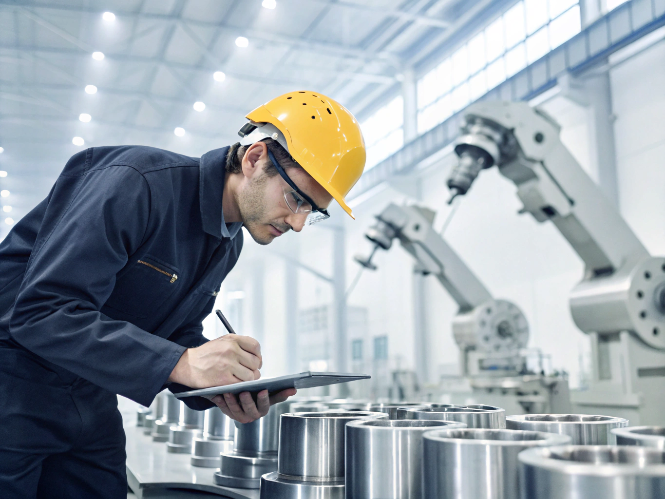 Industrial engineer conducting quality inspection in an automated factory