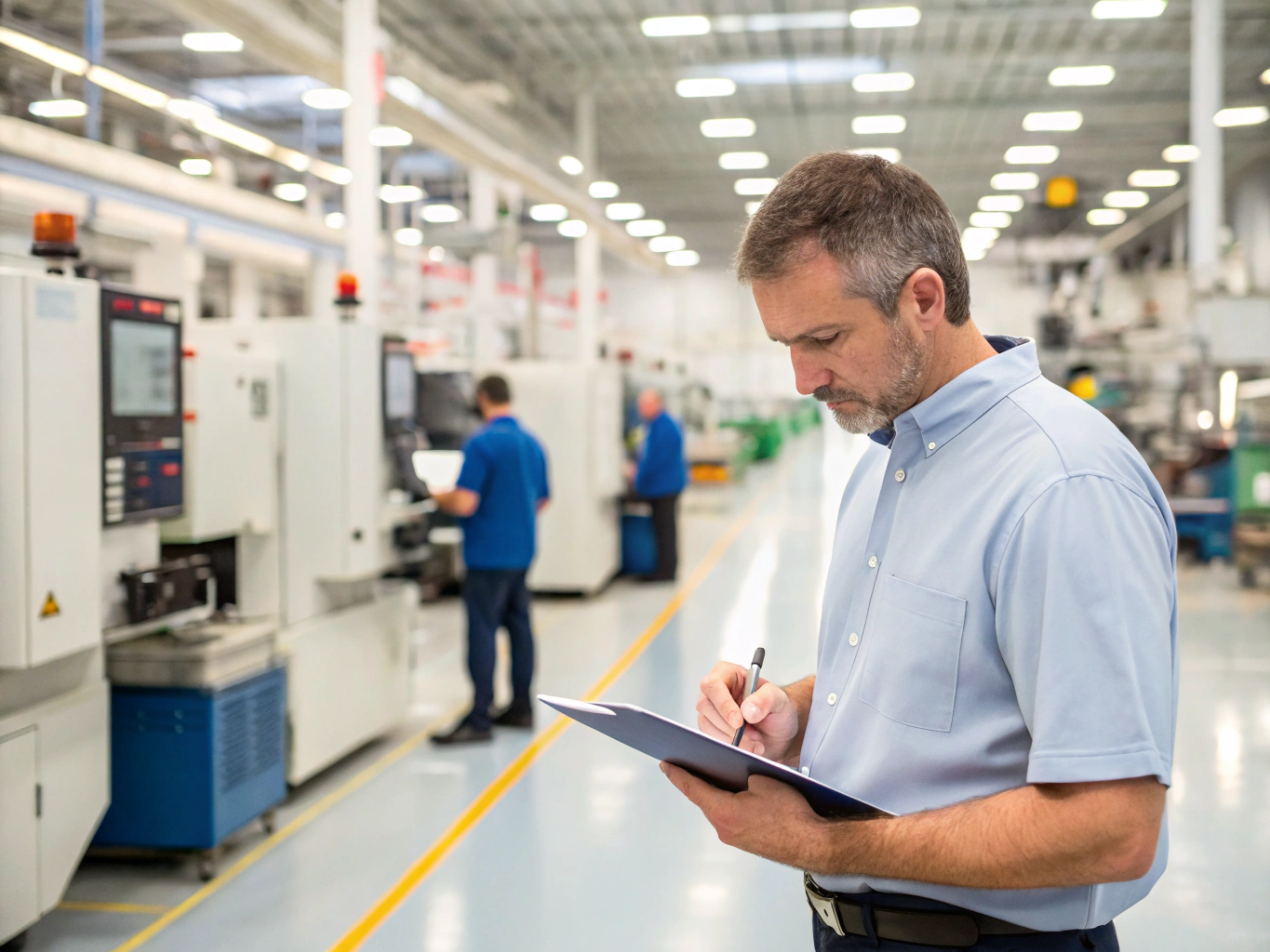 Factory manager inspecting manufacturing process with clipboard in industrial facility