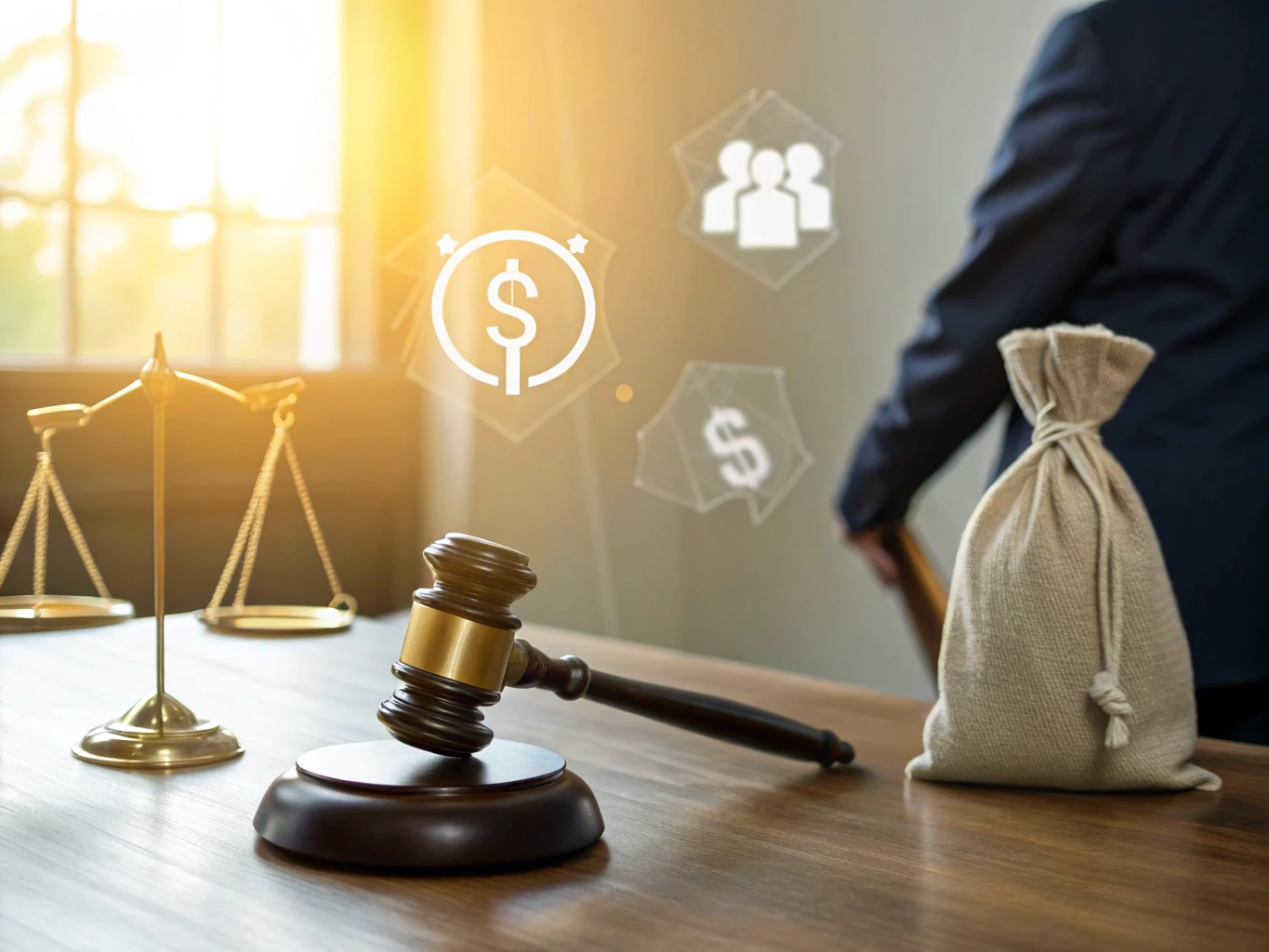 Gavel, scales of justice, and money symbols representing legal decisions and financial matters.