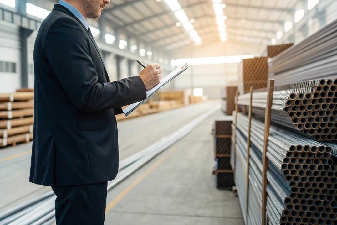 Warehouse manager inspecting inventory, quality control, industrial supply chain management