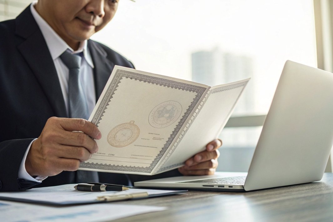 Businessman inspecting document, verifying certificate, contract management, quality control