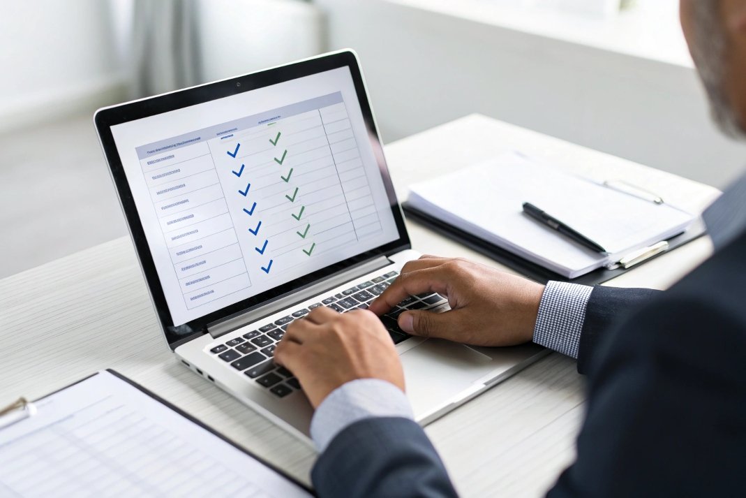 Person reviewing checklist on laptop, B2B project management, quality control