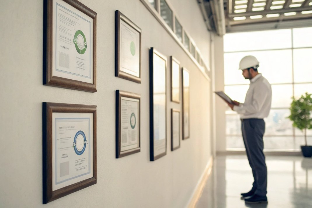 Quality certifications wall Engineer reviewing framed industrial certifications on wall