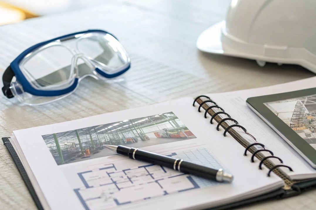 Factory blueprint and safety gear on engineer's desk