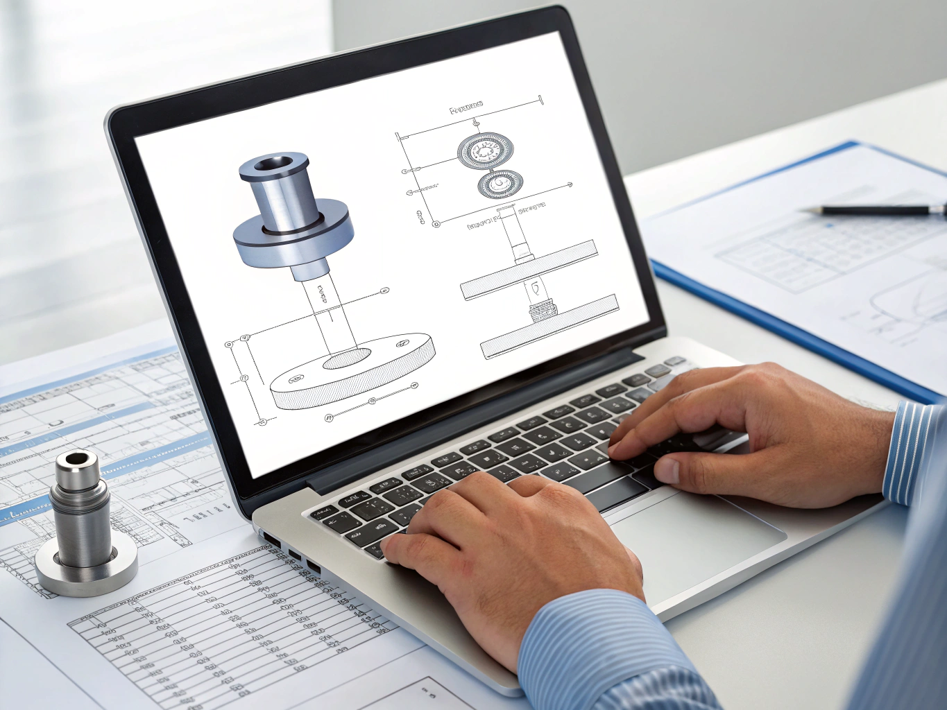 Engineer reviewing technical CAD designs and schematics on a laptop in an office setting.
