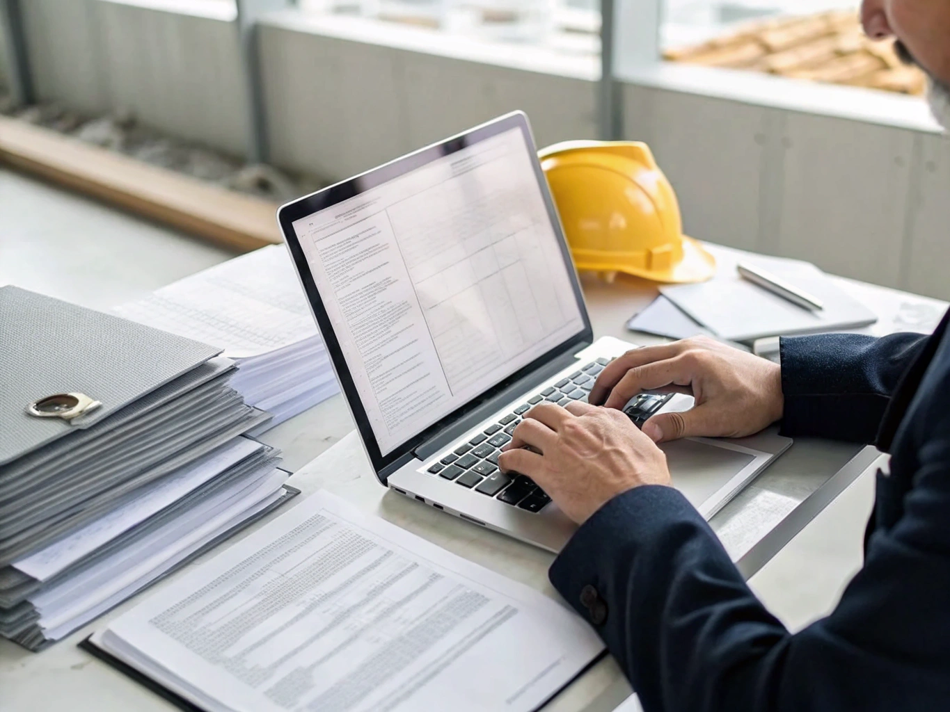 Construction manager reviewing project data with a laptop and documents.