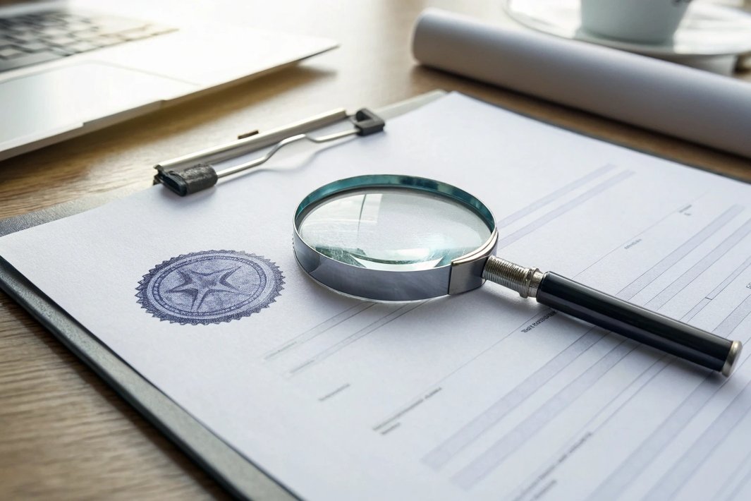 Magnifying glass over document with seal, license verification