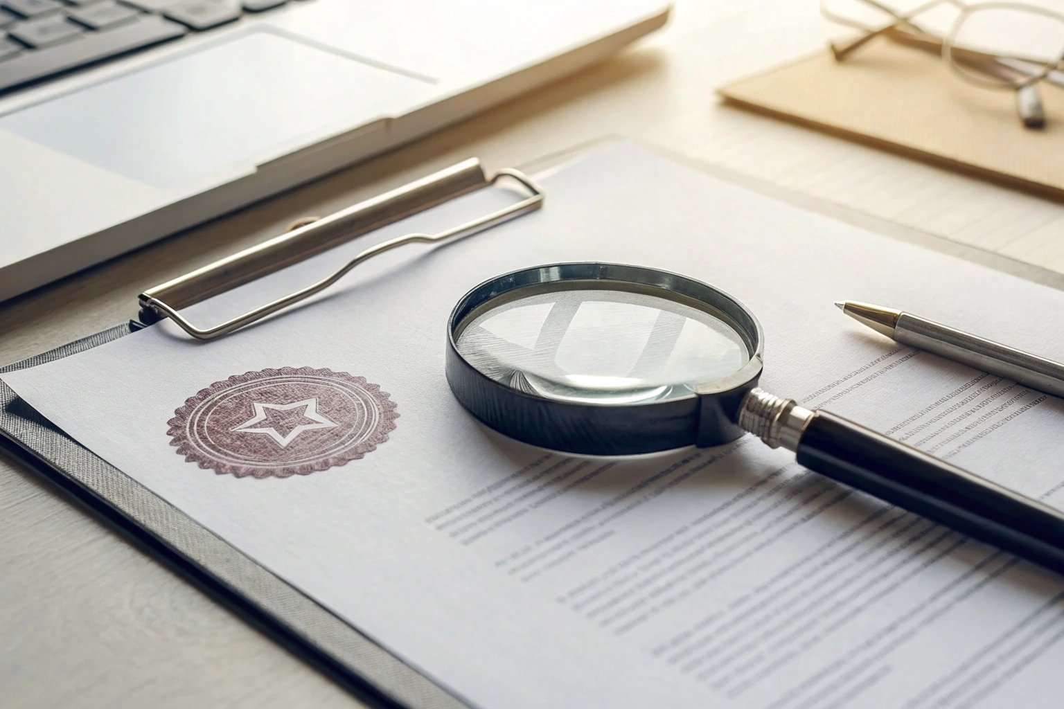 Magnifying glass on document with seal, business license inspection
