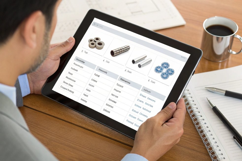Engineer browsing technical steel parts categories on tablet device at desk.