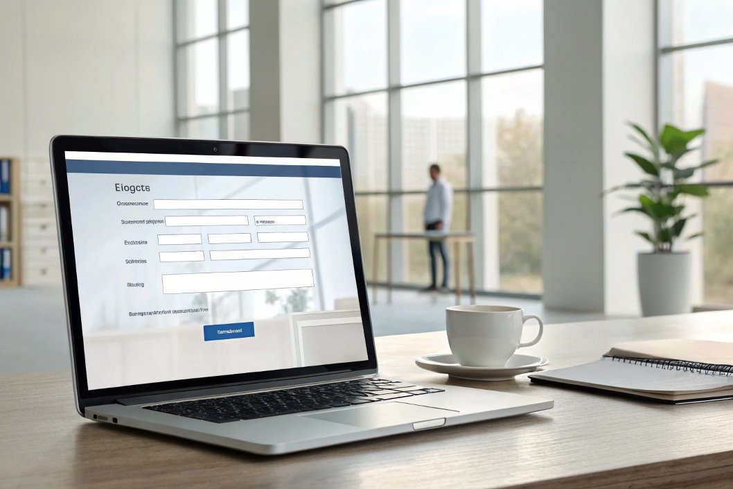 Laptop displaying login form, business operation, supply chain management