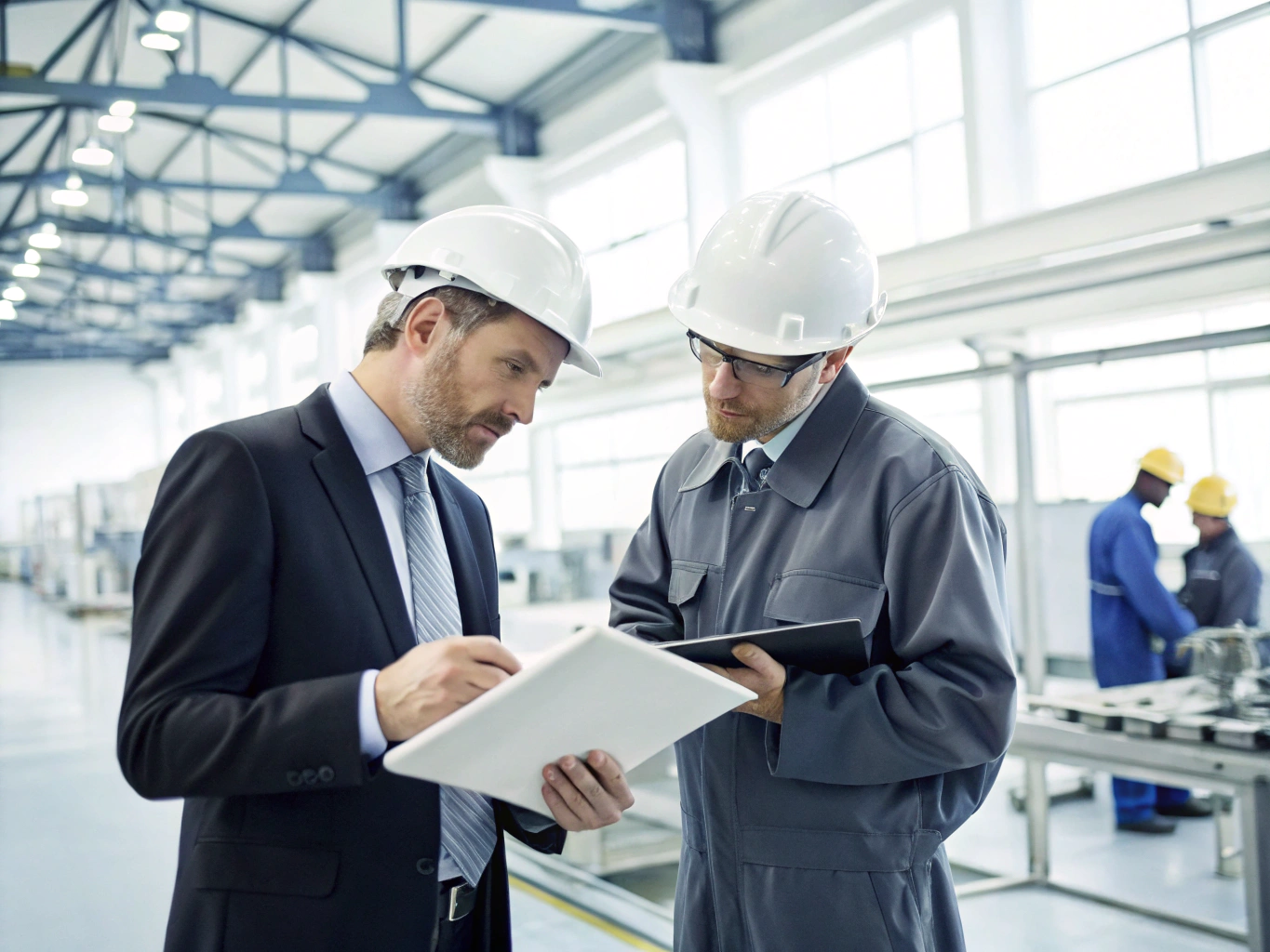 Two managers discussing factory operations and inspecting production data