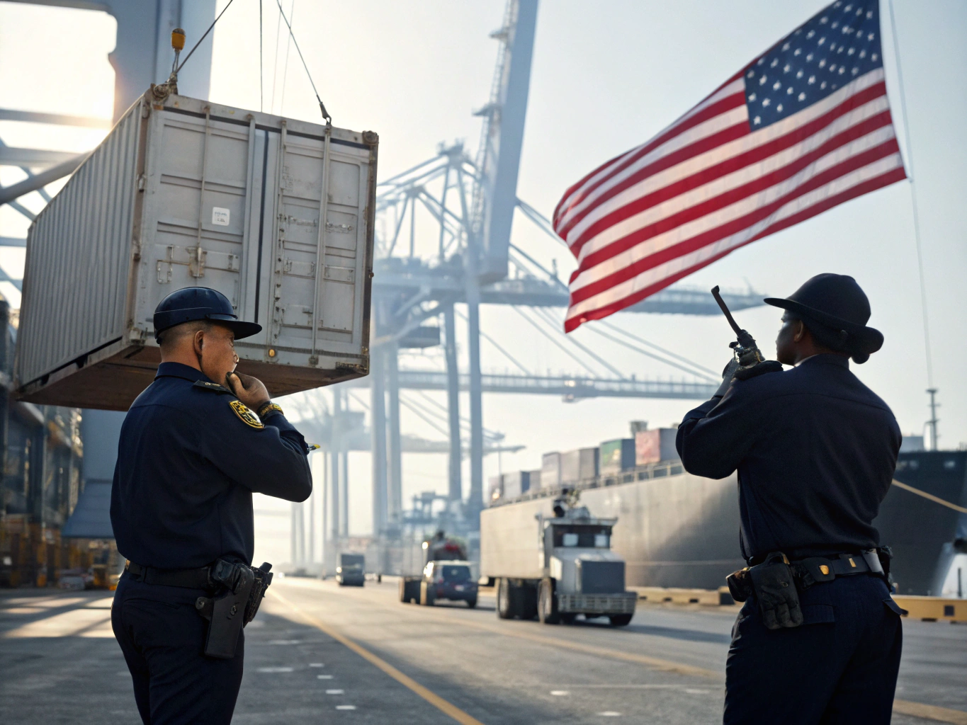 Customs officers inspecting shipping containers and overseeing cargo handling at a port.