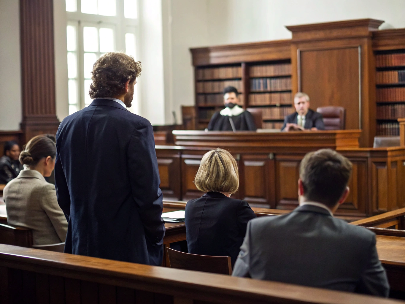 Courtroom scene with a lawyer addressing the judge during a trial.