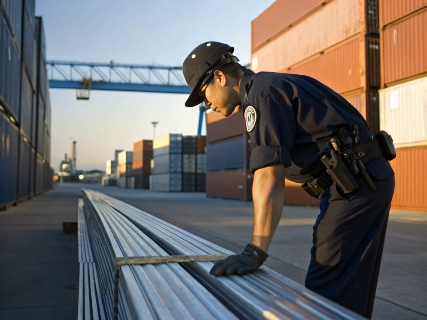 Customs officer inspecting materials at a shipping yard for compliance and safety.