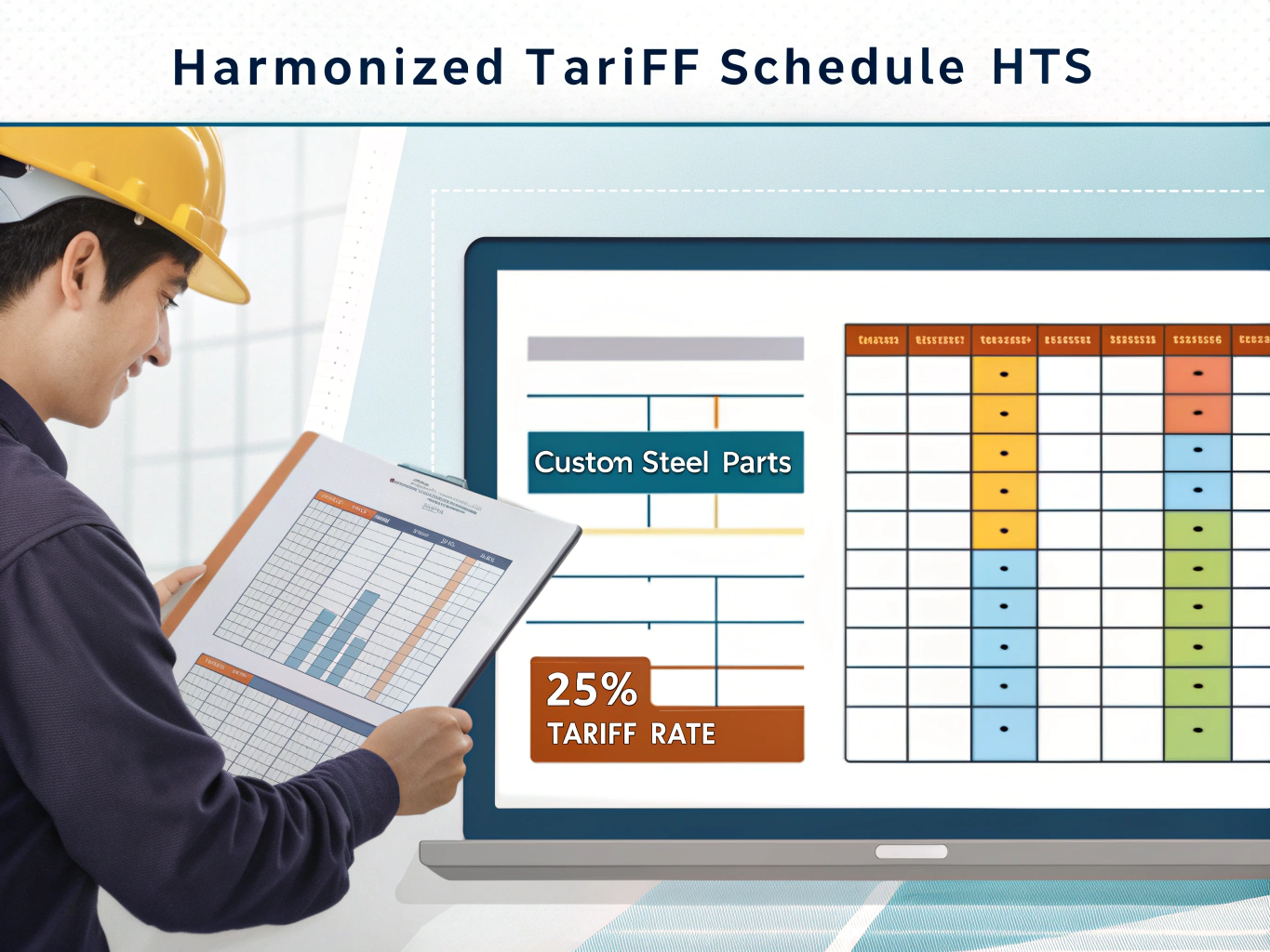Worker comparing Harmonized Tariff Schedule for steel imports with product details