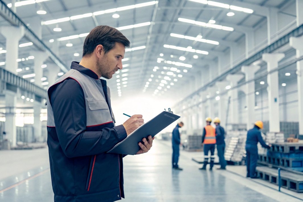 Inventory check routine Worker documenting product inventory inside factory