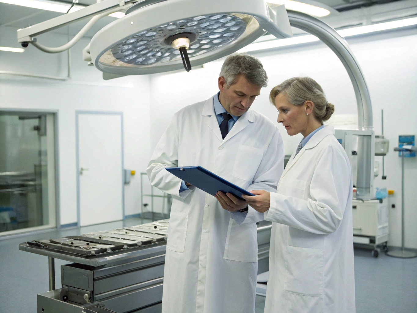 Doctors discussing patient files in an operating room or medical setting.