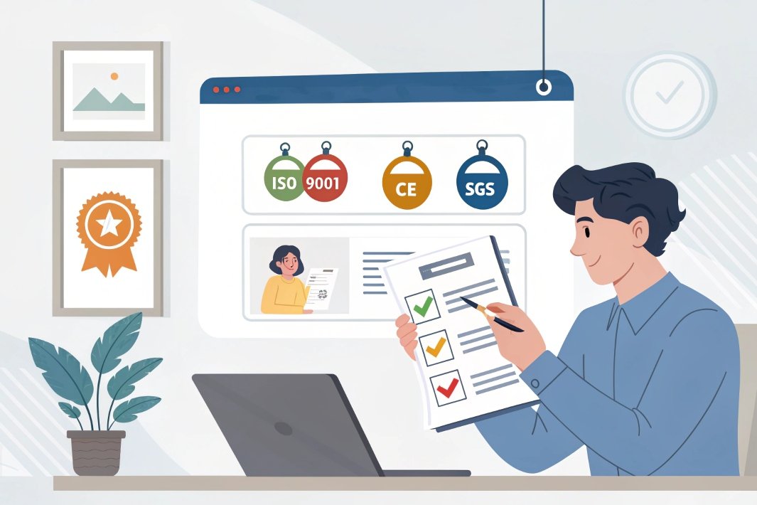 Illustration of engineer checking ISO, CE, SGS quality certifications online.
