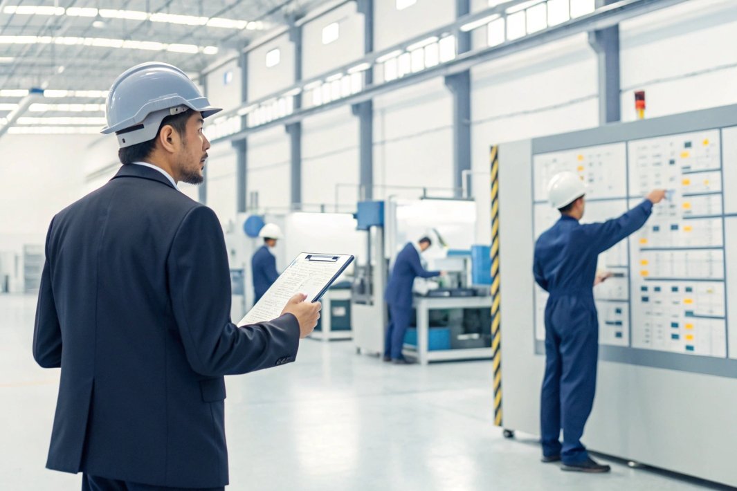 Factory manager monitoring production performance with operational checklist.