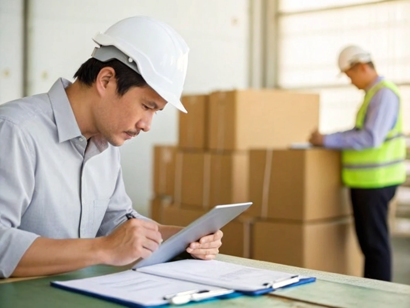 Warehouse manager reviewing logistics data on a tablet.
